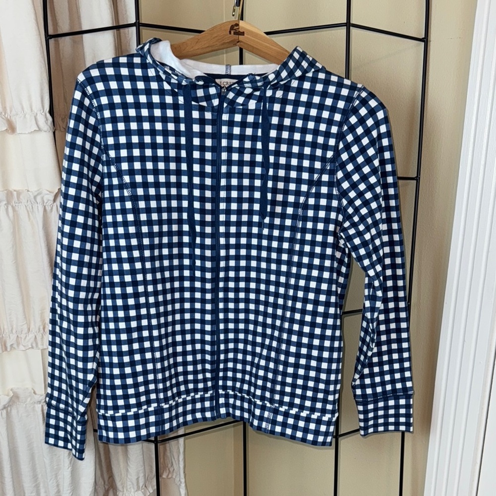 J Crew Gingham Plaid Full Zip Hoodie Women’s Blue White Stretch Size S